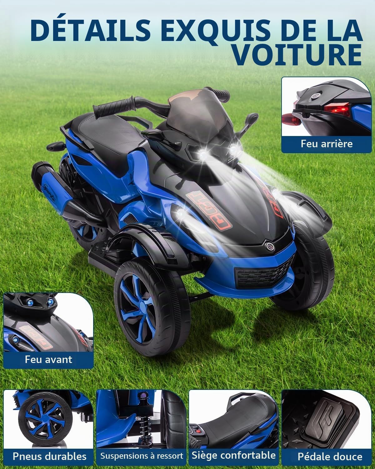 Garvee Quad Électrique Enfants 12V, Voiture Electrique Enfants, Moteurs Doubles 45W, Musique, Lumières LED, Autonomie, pour Enfants 3-8 Ans, Bleu