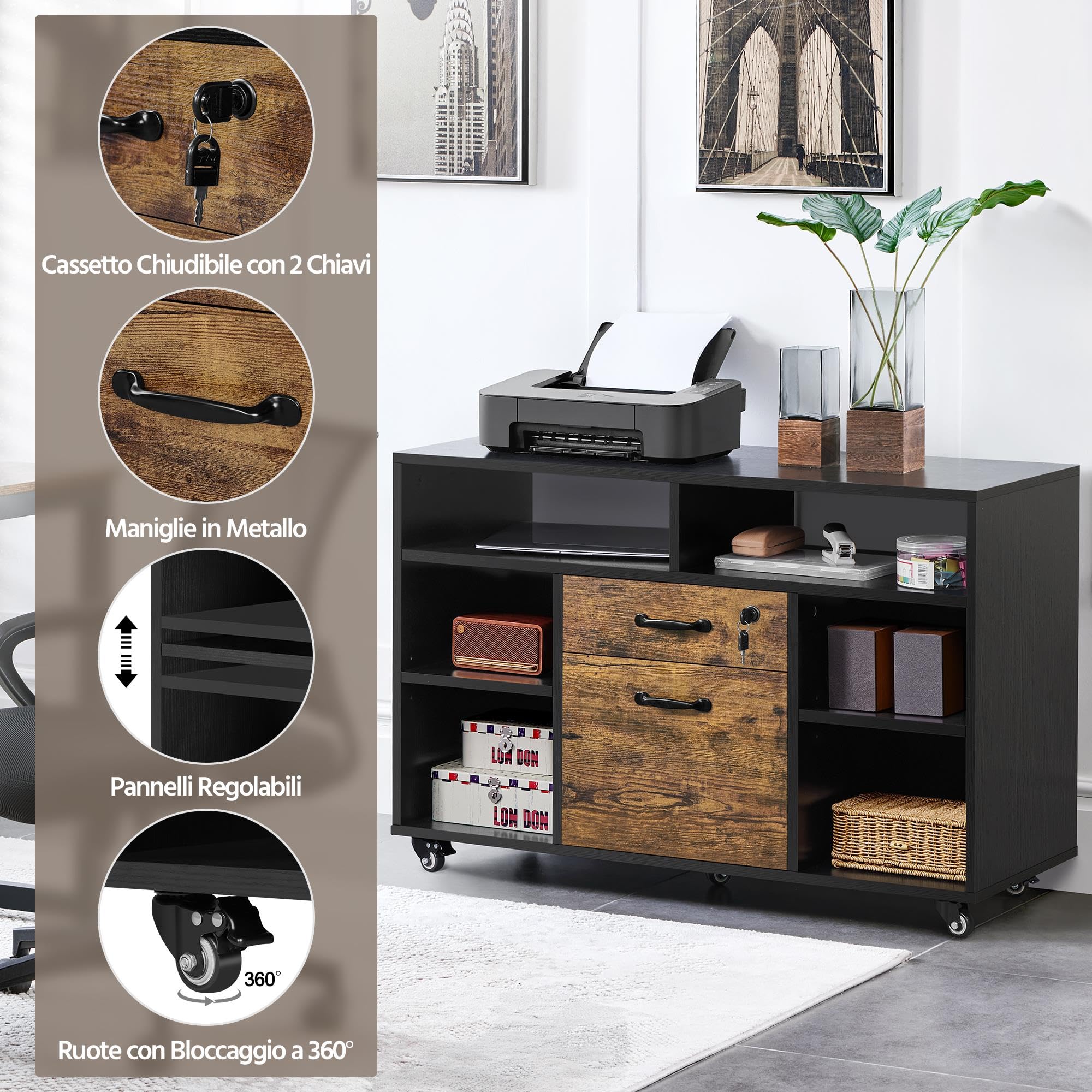 Yaheetech Caisson de Bureau avec 2 Tiroirs et 6 Casiers, Caisson de Rangement à 5 roulettes, Dossier A4 / Lettre Support pour Imprimante, 2 tablettes réglables Domicile Industriel,100×40×66,5 cm