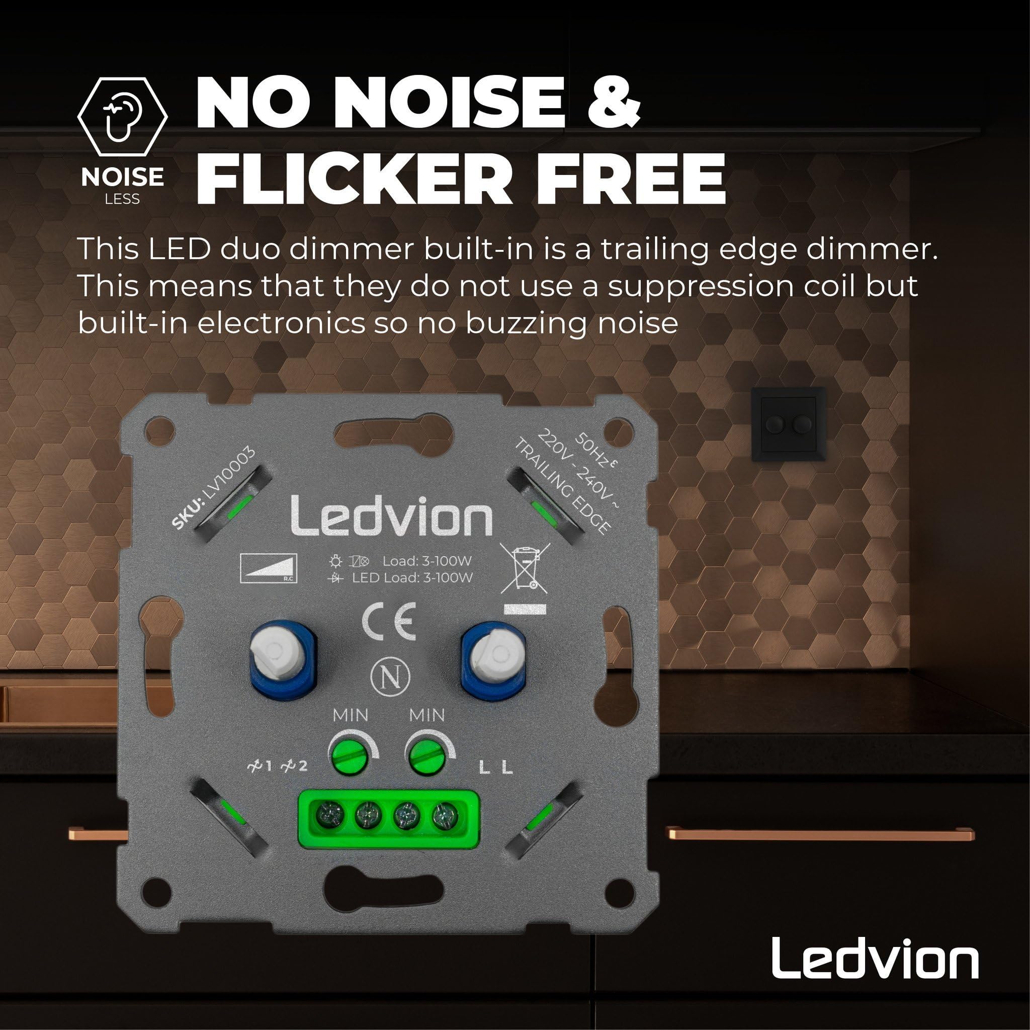 Ledvion Regulador LED Doble 2x3-100W Corte de Fase Negro