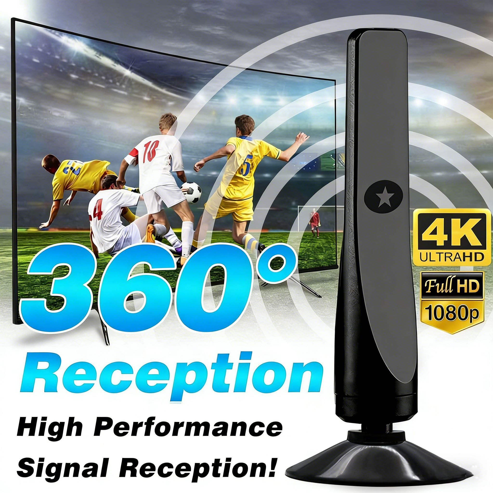 Antenne TV Intérieur Puissante, Antenne TNT HD Intérieure avec Amplificateur de Signal Intelligent, Câble Coaxial 3M, Compatible HD TV 1080P 4K VHF UHF, Réception Toutes Les Chaînes Gratuites