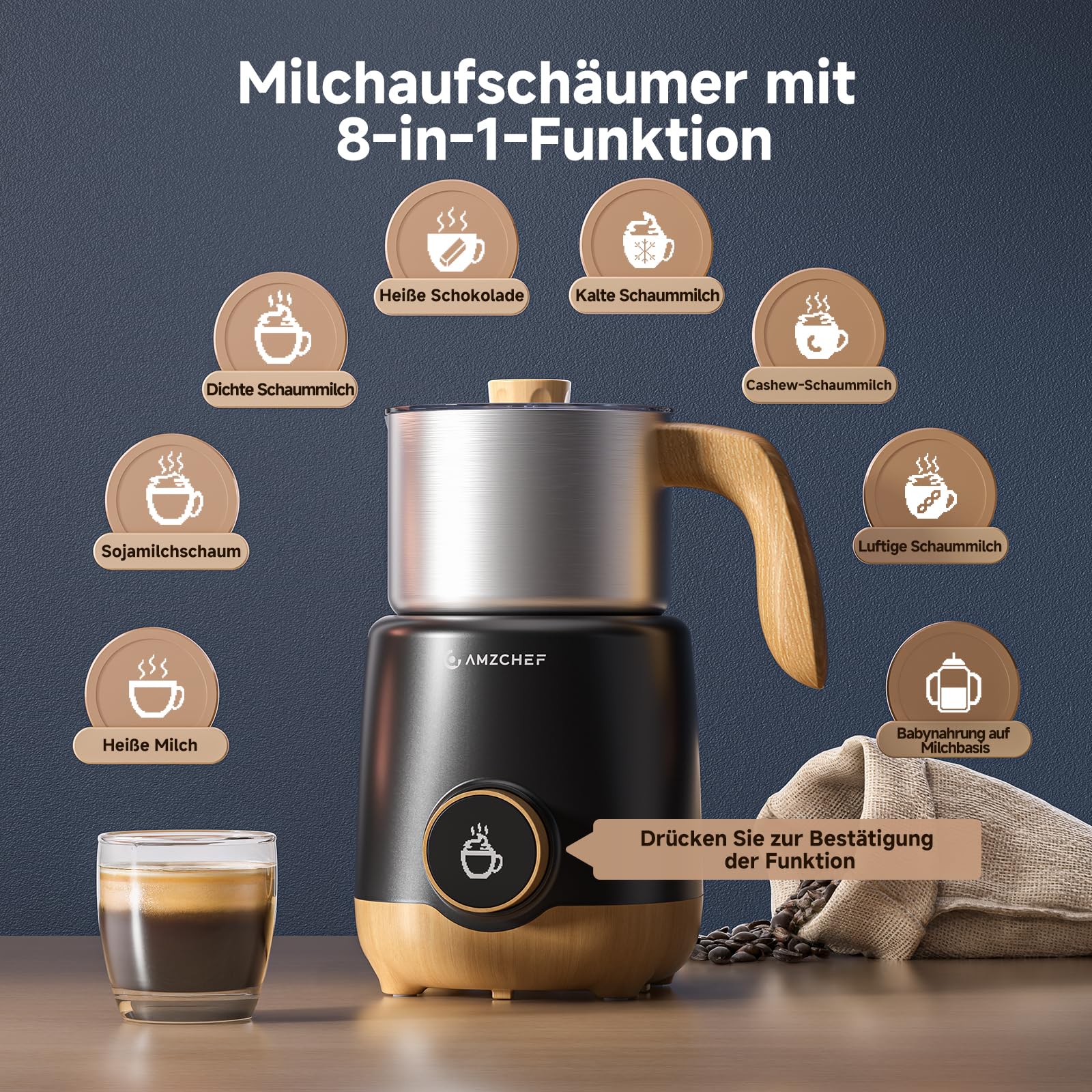 AMZCHEF Milchaufschäumer 600ml, 8-IN-1 Großer Induktion Milchschäumer für Heißen & Kalten Milchschaum, Heiße Milch & Kakao, Abnehmbarer Behälter, OLED Display,550W