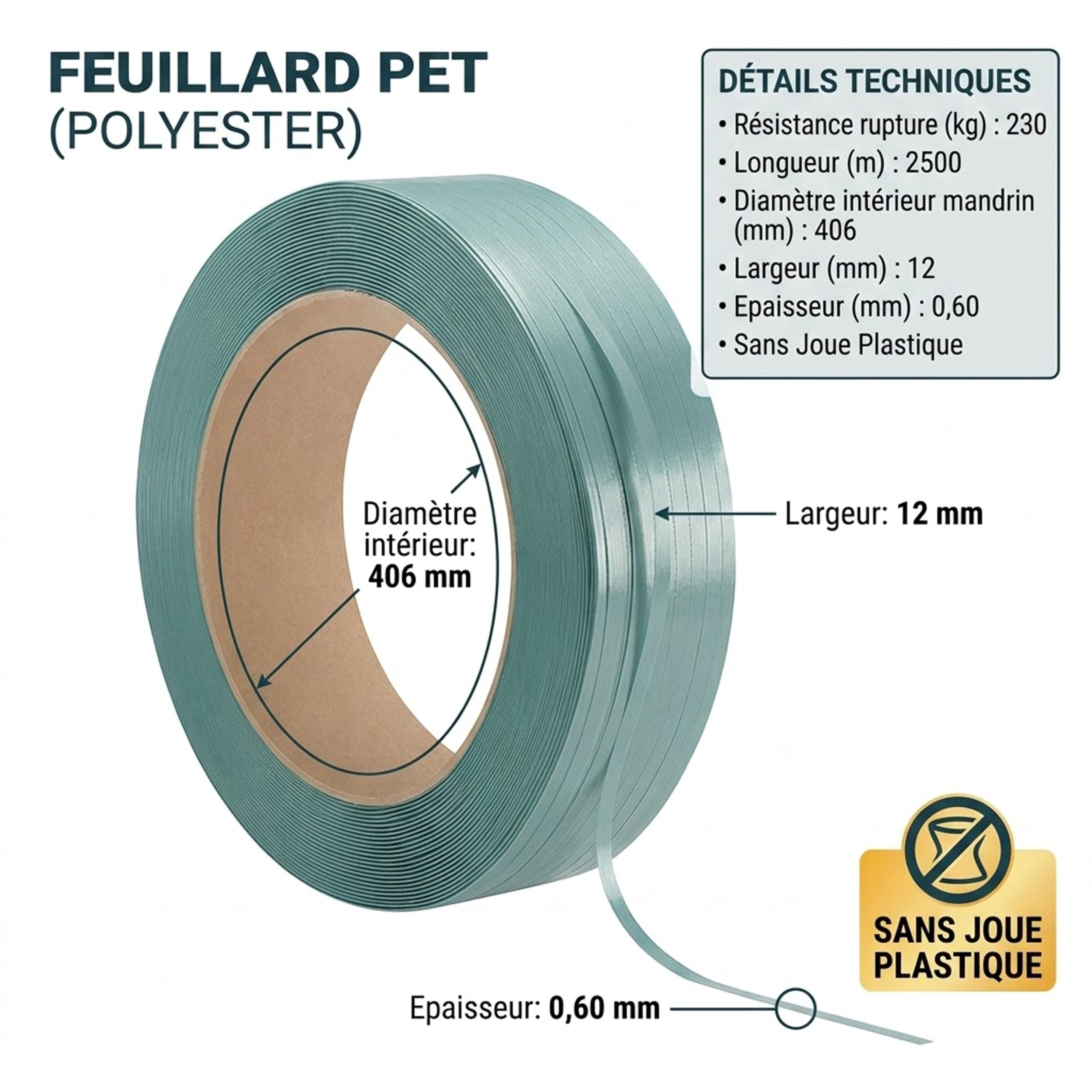 JECO Lot de 1 bobine de feuillard PET vert 12mm x 0.60 x 2500m Ø406mm cerclage manuel