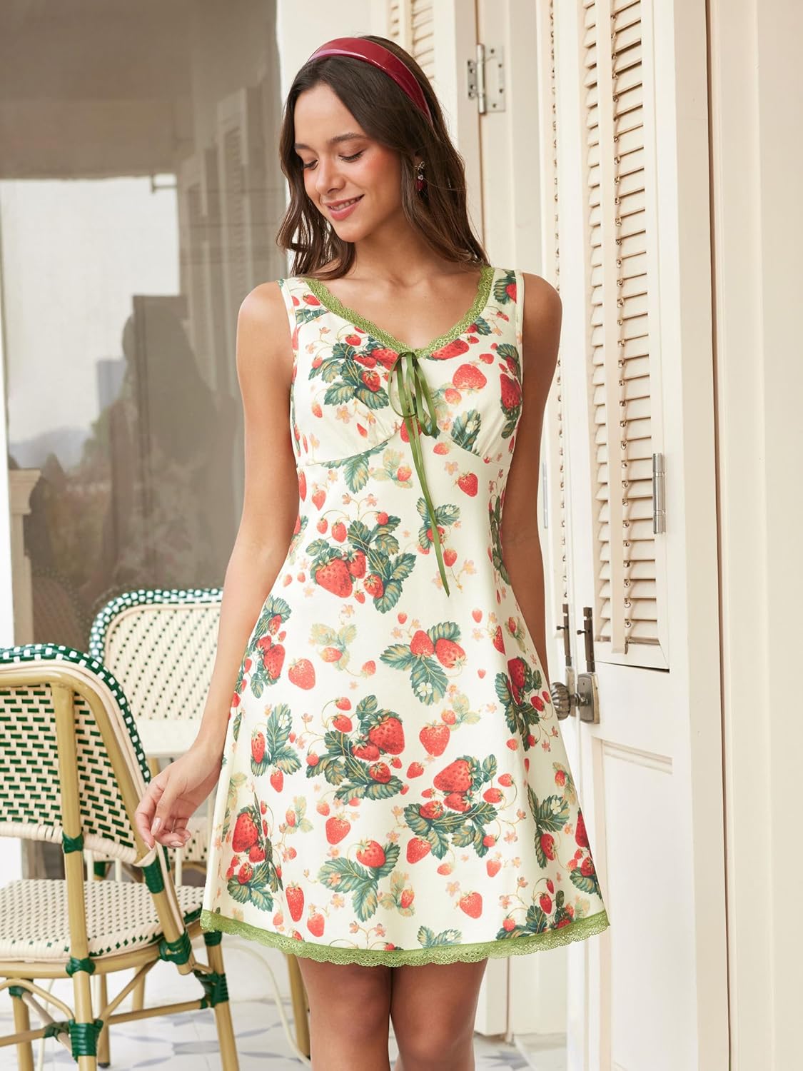 CIDER Women's Floral Mini Dress Fruit Sleeveless V Neck Lace Trim Sun Dress A Line Cute Summer Dresses Beach Vacation Outfits - Image 2