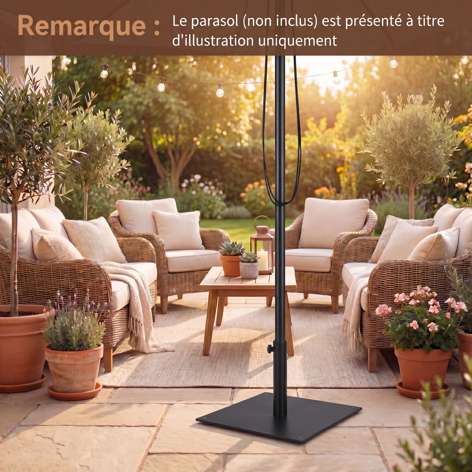 RELAX4LIFE Pied de Parasol Lourd en Métal 16 KG pour Poteaux φ41-49 MM, Support Parasol Carré avec 4 Patins Réglables, Socle Parasol Extérieur 50x50 CM pour Patio Terrasse Jardin (Noir)