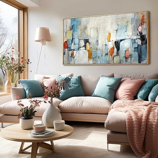 Abstract Wall Art Canvas - Hand-Painted Blue & Pink Modern Painting, 24x48 Inches, Wooden Frame, For Living Room, Bedroom, Office