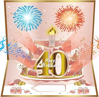 40th Birthday Cards Pop Up 3D Cake - Firework & Music & Blow Out Candle Light Funny - Happy 40 Party Decorations, Pink Gold 40th Birthday Card Gifts for Women, Friends, Mom, Daughter, Wife