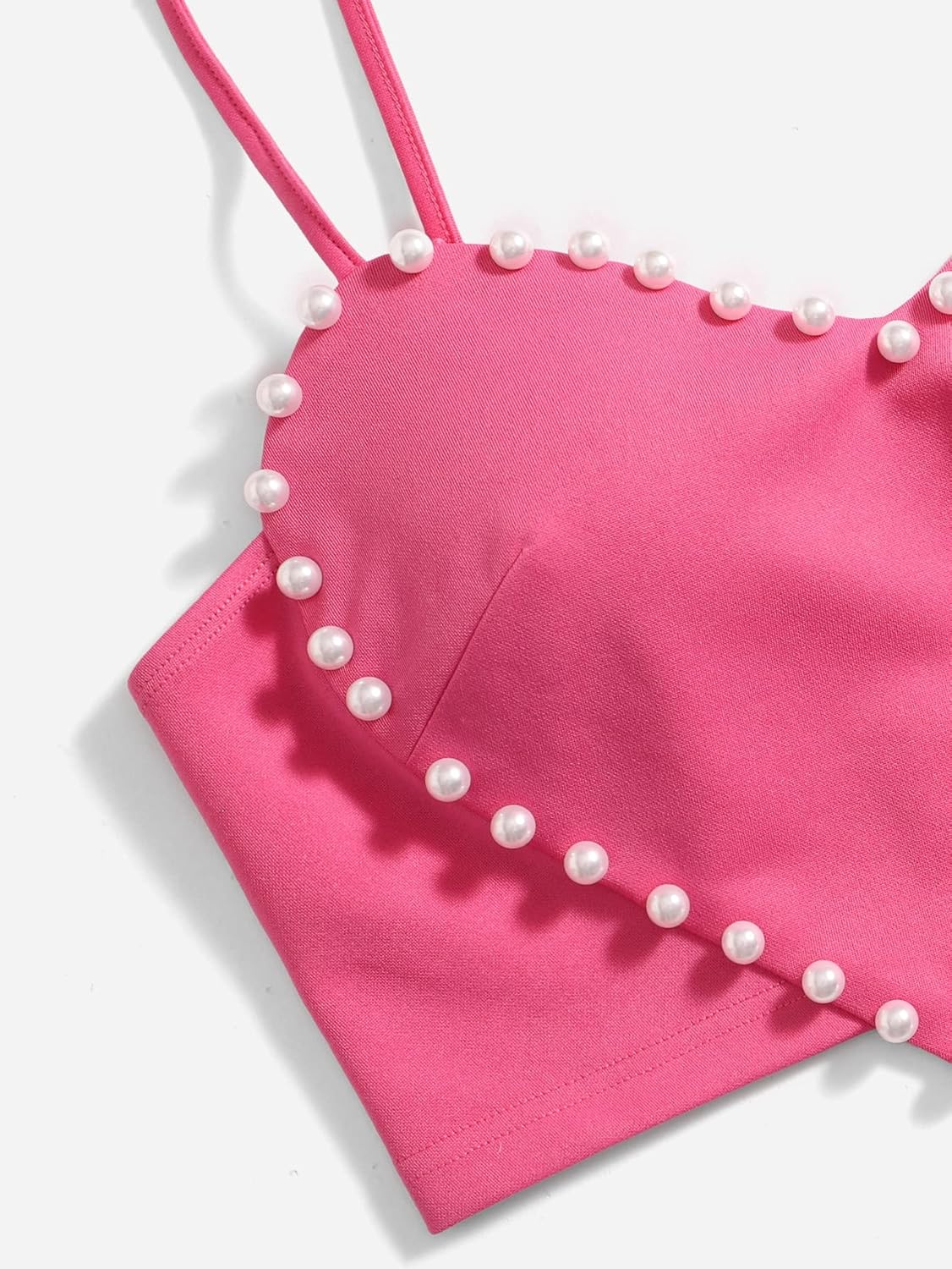 OYOANGLE Women's Pearls Trim Asymmetrical Hem Cami Crop Top Sleeveless Backless Spaghetti Strap Camisole - Image 4