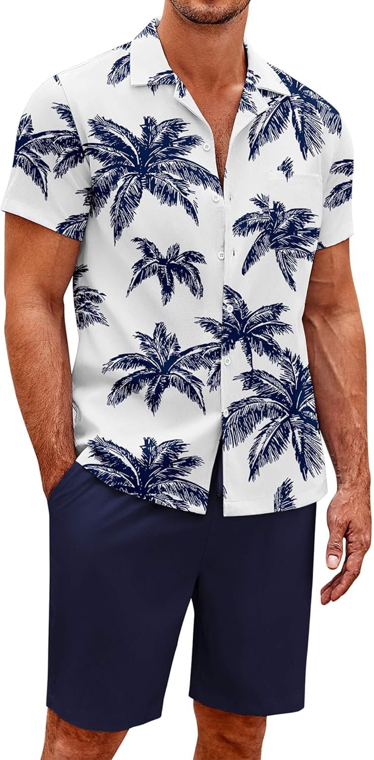 COOFANDY Men's 2 Pieces Casual Beach Outfits Short Sleeve Button Down Shirts Summer Short Set