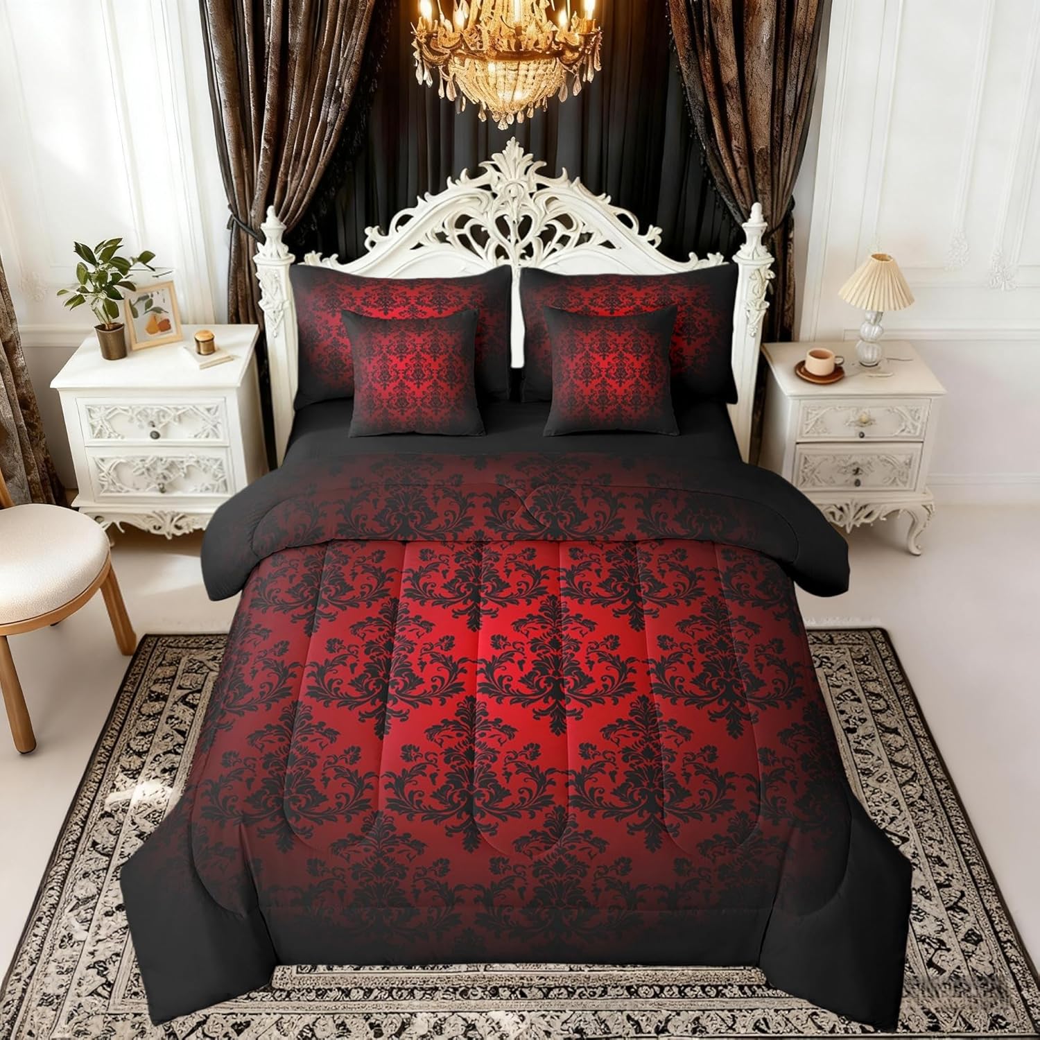 Castle Fairy Red Black Damask Reversible 7 Pieces Comforter Set King Size,Antique Victorian Baroque Boho Bed Sheet Set Vintage Gothic Lace Floral Print Bedding Set with Comforter,Fitted & Flat Sheet