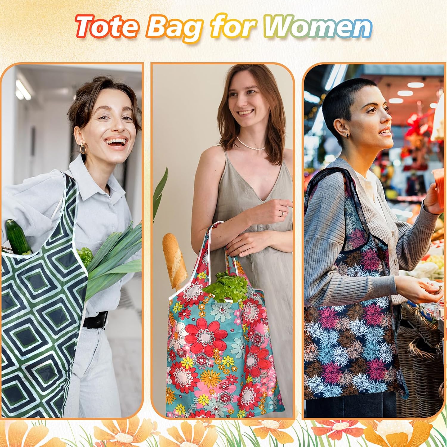 MIAHART Reusable Grocery Bags - Foldable, Cute Tote Bags - Waterproof Nylon image 2