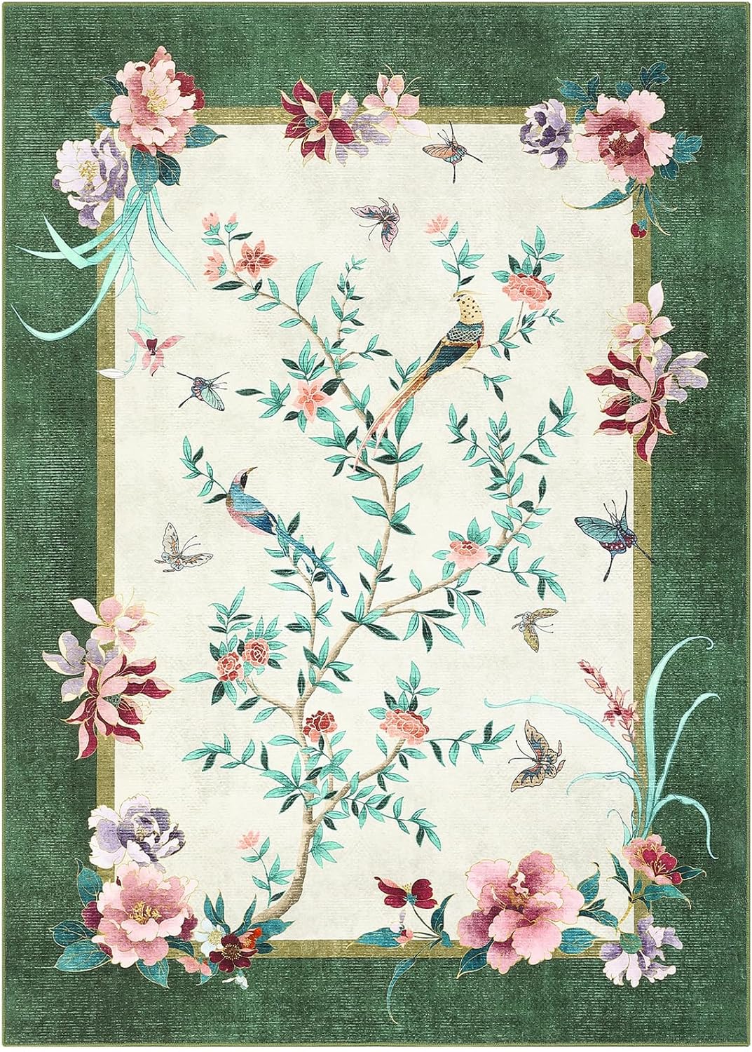 GarveeHome 5x7 Area Rugs Chinoiserie-Style Washable Rugs 5x7 Oriental Colorful Butterfly Birds Floral Rug Non Slip Low Pile for Kids Living Room Bedroom Nursery Dining, Green