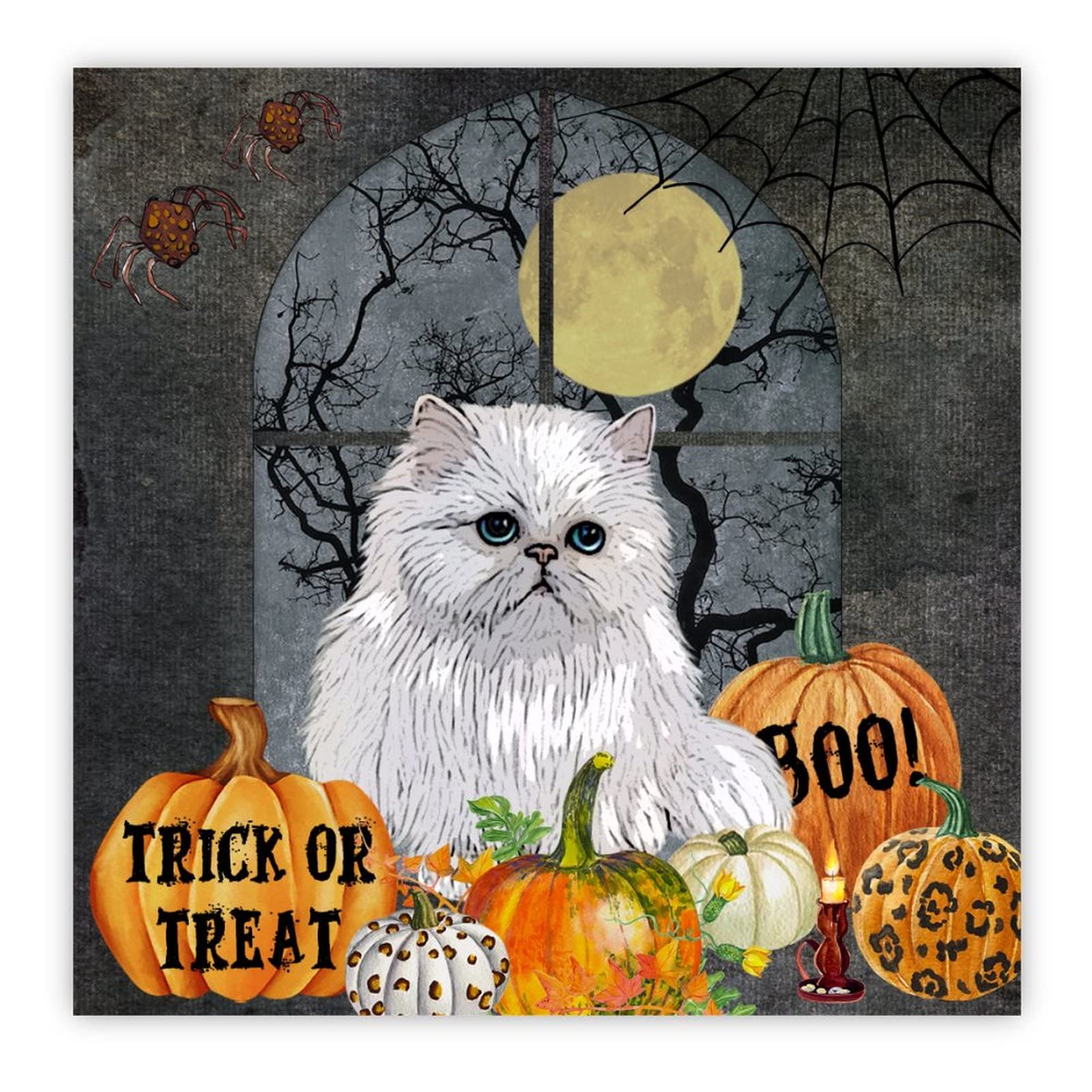 Panneau en bois Halloween Trick or Treat Citrouille Chat Blanc Décoration Murale 40x40 cm