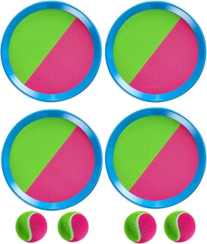 TEMI Juego de lanzar y atrapar para niños de 3, 4, 5, 6, 7, 8, 9, 10, juguetes al aire libre, juegos de captura de bolas con 4 palas, 4 bolas,