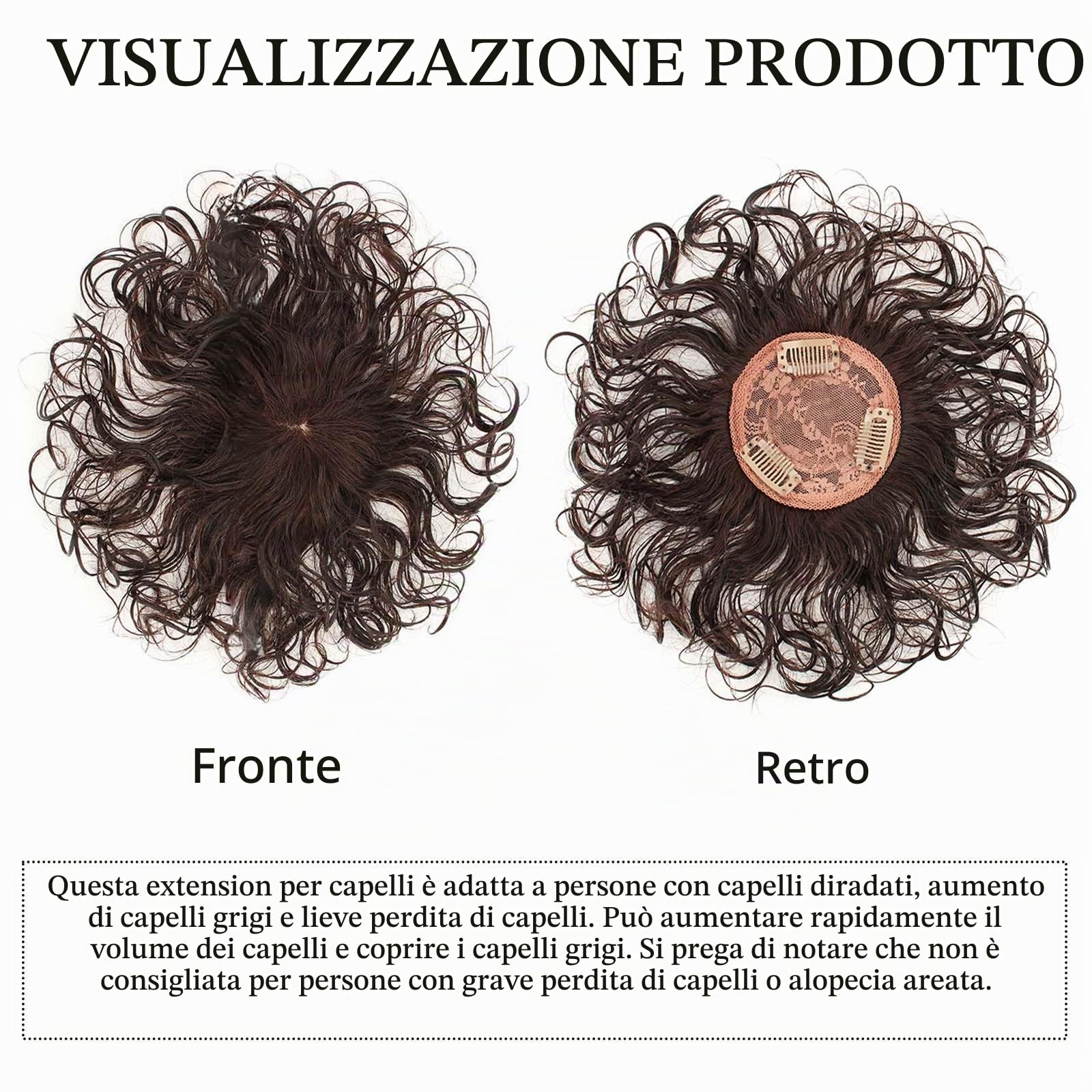 Topper per capelli veri ricci in seta da 3,5"x3,5" per donne con capelli radi, clip corta da 6" per cuoio capelluto realistico, pezzi superiori per uso quotidiano (marrone scuro)