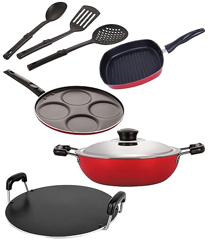Nirlon Nonstick Coated Aluminium 7 Pcs Set of Deep Kadhai-26cm,Grill Pan-22.5cm,Round Tawa-28.5cm,Uttapam-4 Cavity & 3 Spoon (2.6mm_DKD(J)_GP22.5_RT_UP4_3SPN)