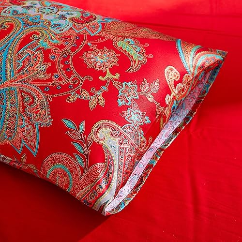 Miniatura 6 de mixinni - Juego de edredón de estampado de cachemira roja tamaño matrimonial, estilo shabby chic, para todas las estaciones, 3 piezas, 1 edredón