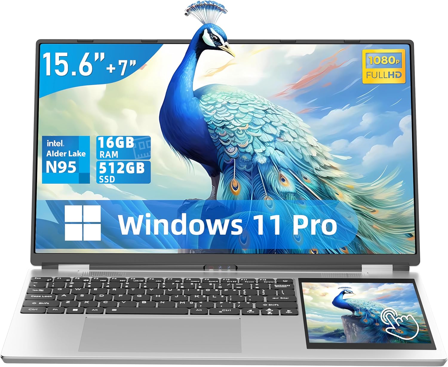 15,6 "deux écrans d'ordinateur portable + 7" petit écran tactile, couplé avec le processeur Alder Lake N95 à haut débit (jusqu'à 3,4 GHz) DDR4 16 Go de RAM 512 Go SSD, avec rétroéclairage couleur KB / Win 11 Pro (16G + 512GB)