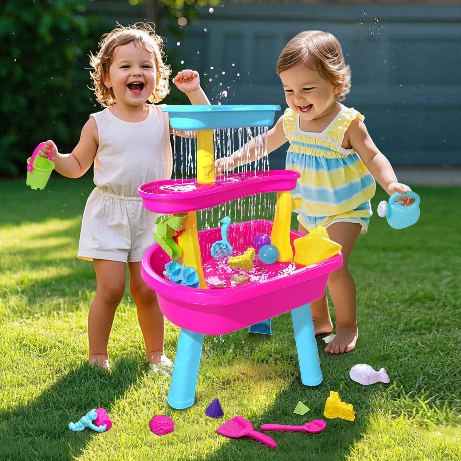 VATOS Mesa de agua de 3 niveles para niños 1-3, 37 piezas mesa de agua para niños lluvia ducha Splash Pond Set para patio trasero al aire libre, actividad sensorial mesa de agua arena mesa de verano