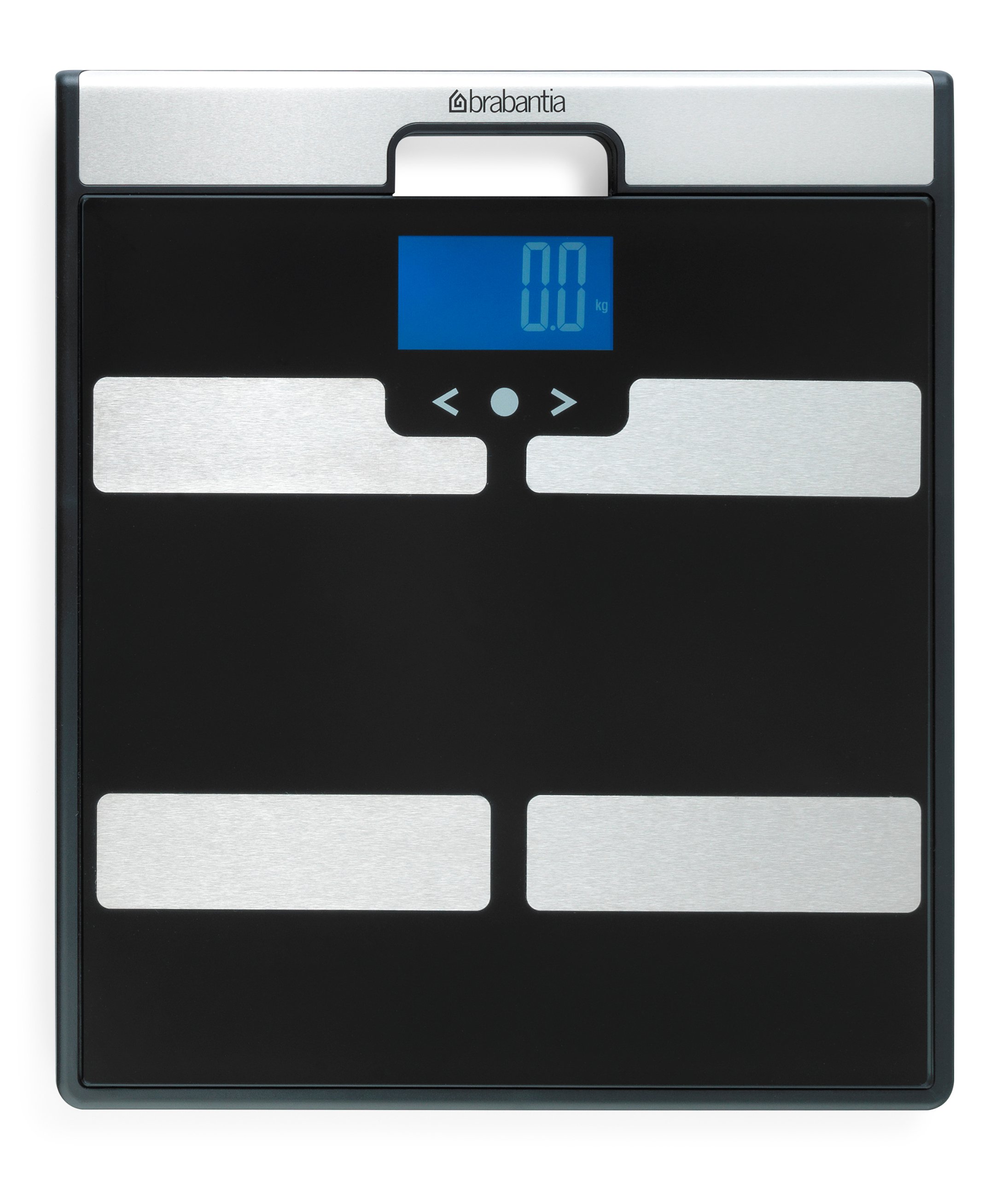 Brabantia Bathroom Scale Bilancia Pesapersone con Analisi Massa Corporea, Maniglia per Trasporto, Nero/Inox Satinato