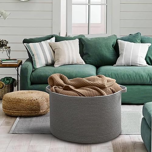 Miniatura 4 de Cesta Grande de Almacenamiento de Color Gris Oscuro, Cesta de Cuerda de Algodón Tejida para Almacenamiento, Gran Cesta Organizadora de Mantas para