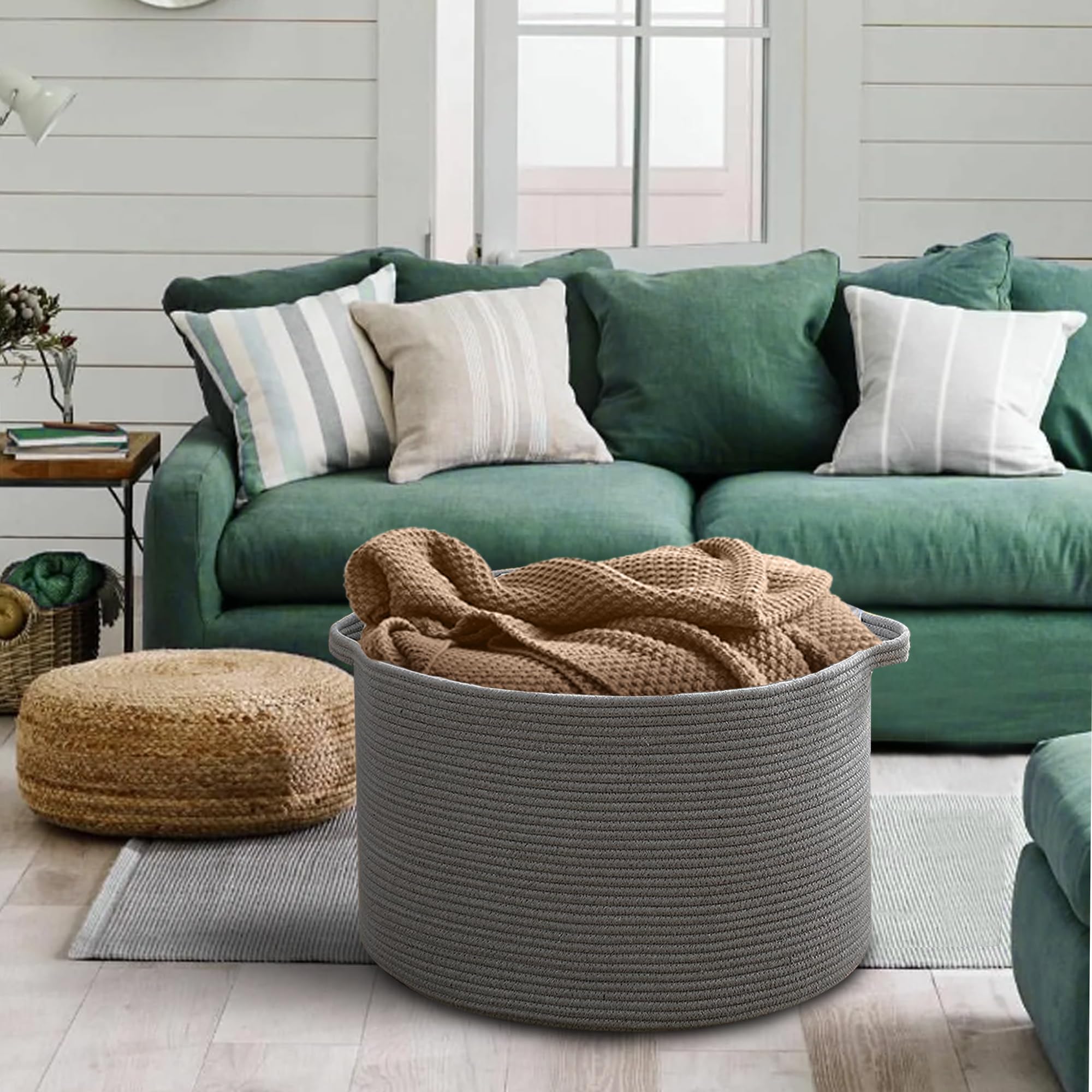 MEGASKET Grande cesto portaoggetti grigio scuro cestini in corda di cotone tessuto per stoccaggio grande cesto portaoggetti organizzatore coperta per soggiorno camera da letto