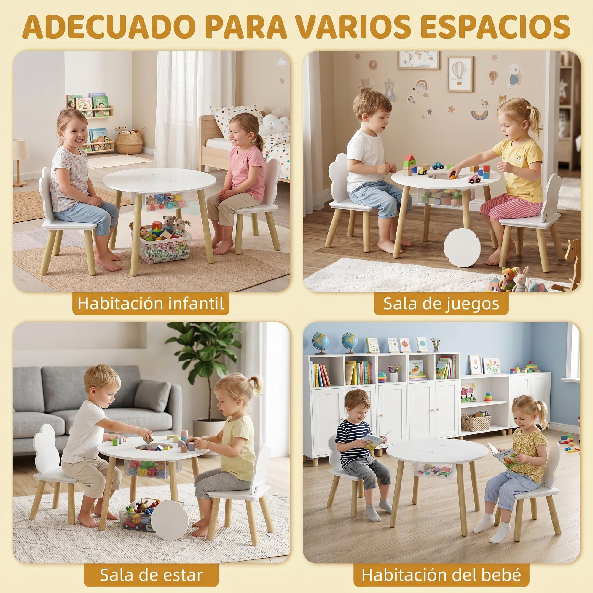 AIYAPLAY Mesa Infantil con 2 Sillas, Bolsa de Malla, Tema de Nube, Blanco | Mesa y Sillas Infantil, Niños y Niñas de 3-6 Años, Hogar, Guardería, Aulas