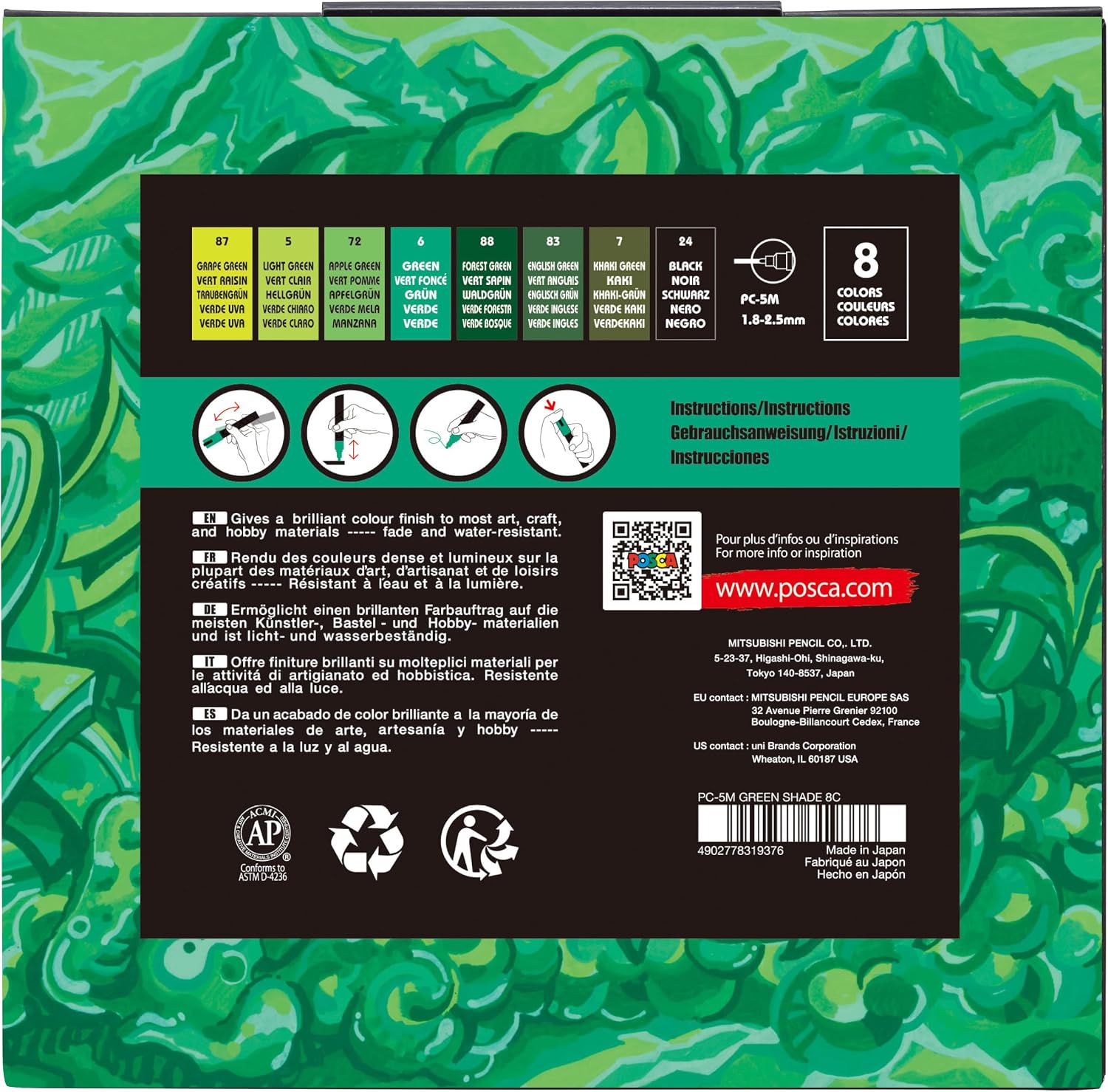 posca® PC-5M Water-Based Paint Markers, Medium Reversible Tip (1.8–2.5 mm), 8 Count Green Shade Colors image 2