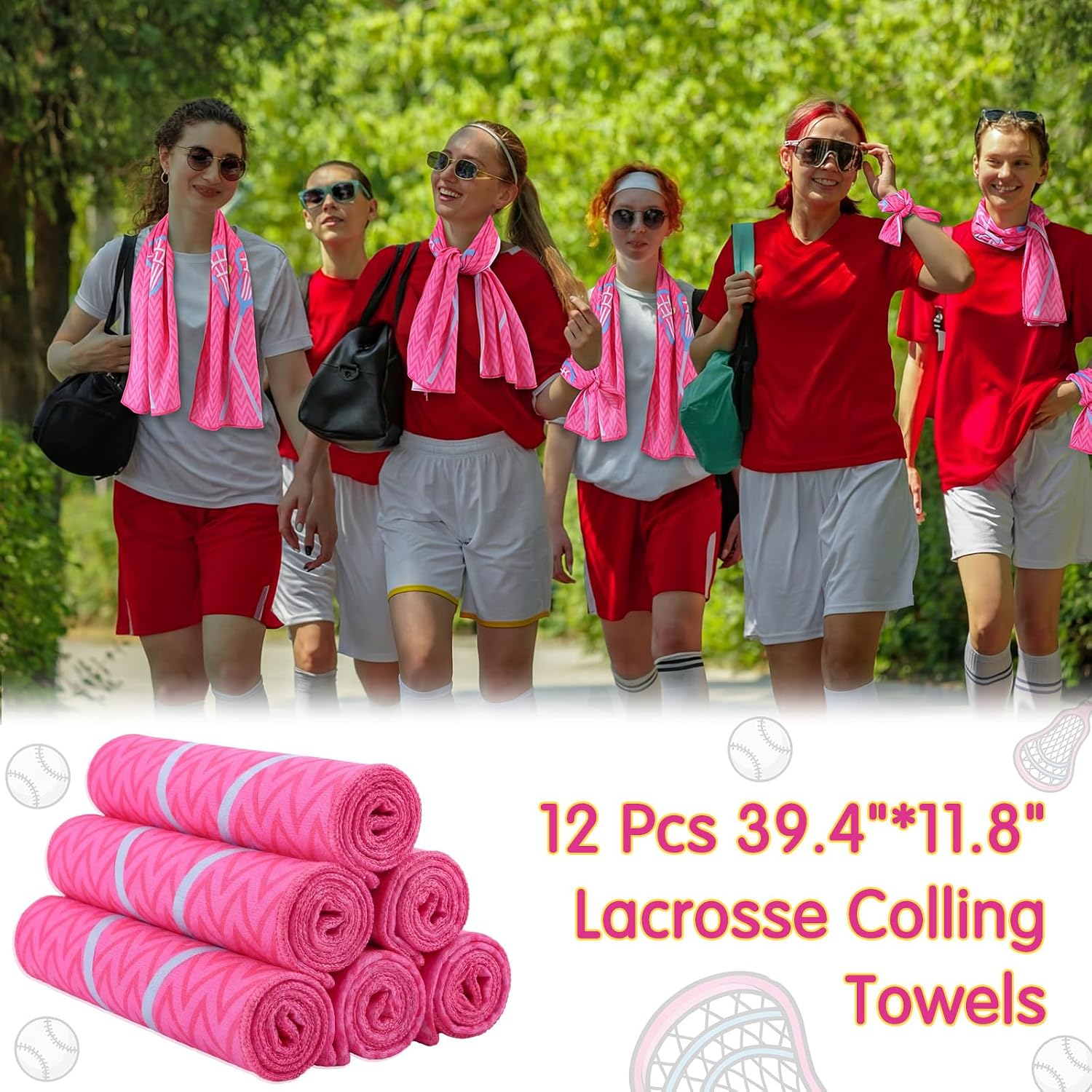12 Pack Cooling Towels for Neck Face 39.4x11.8 Inch Instant Cooling Neck Wraps for Hot Weather Sports Team Gifts for Players Coaches Enthusiasts(Pink, Lacrosse)