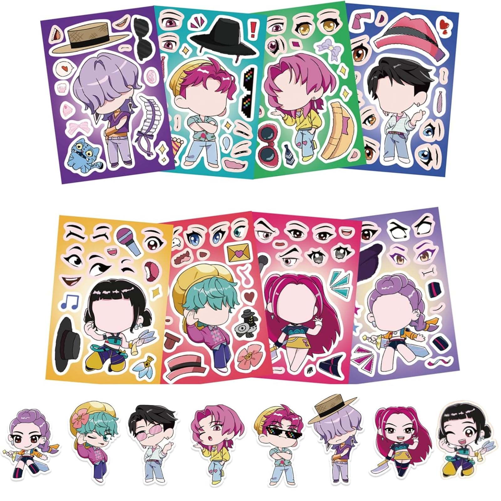 24Pcs Kpop Make a Face Stickers for Kids, 8 Designs DIY Mix and Match Korean Hunters Anime Stickers, Create Your Own Character Vinyl Decals for Birthday Party Favors, Goodie Bag Fillers, Gifts — view 3