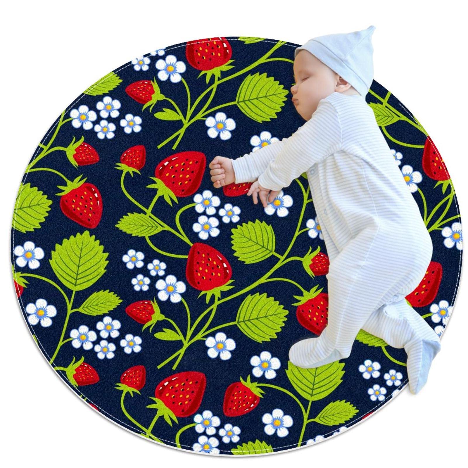 Tapis rond 80x80cm moderne antidérapant Fleurs de Fraise pour salon