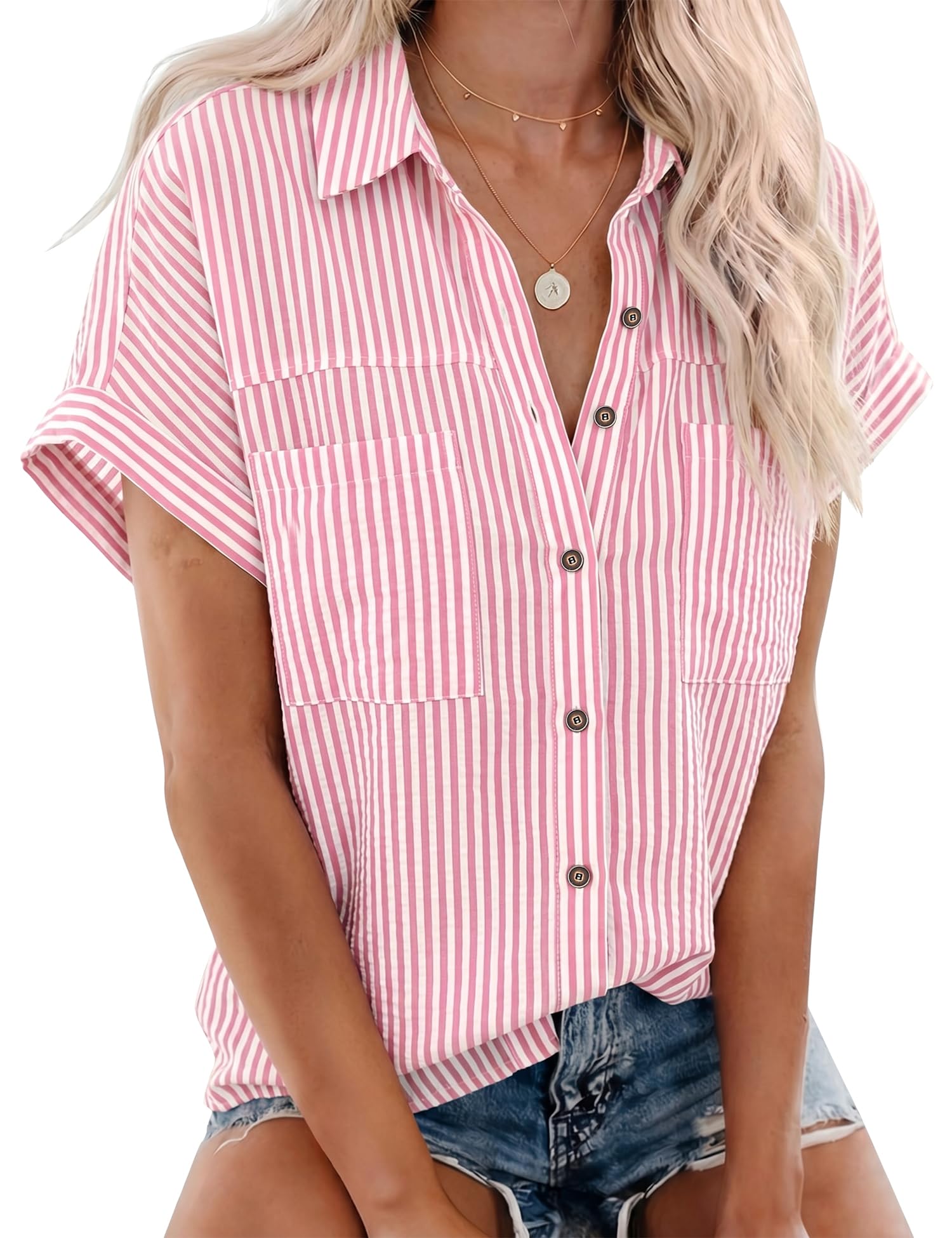 Rapbin Bluse Damen Kurzarm Hemdbluse Sommer V-Ausschnitt Knopfleiste Tasche | Lässiges Tunika Locker Blusenshirt Elegant Oberteile für Alltag Büro Freizeit