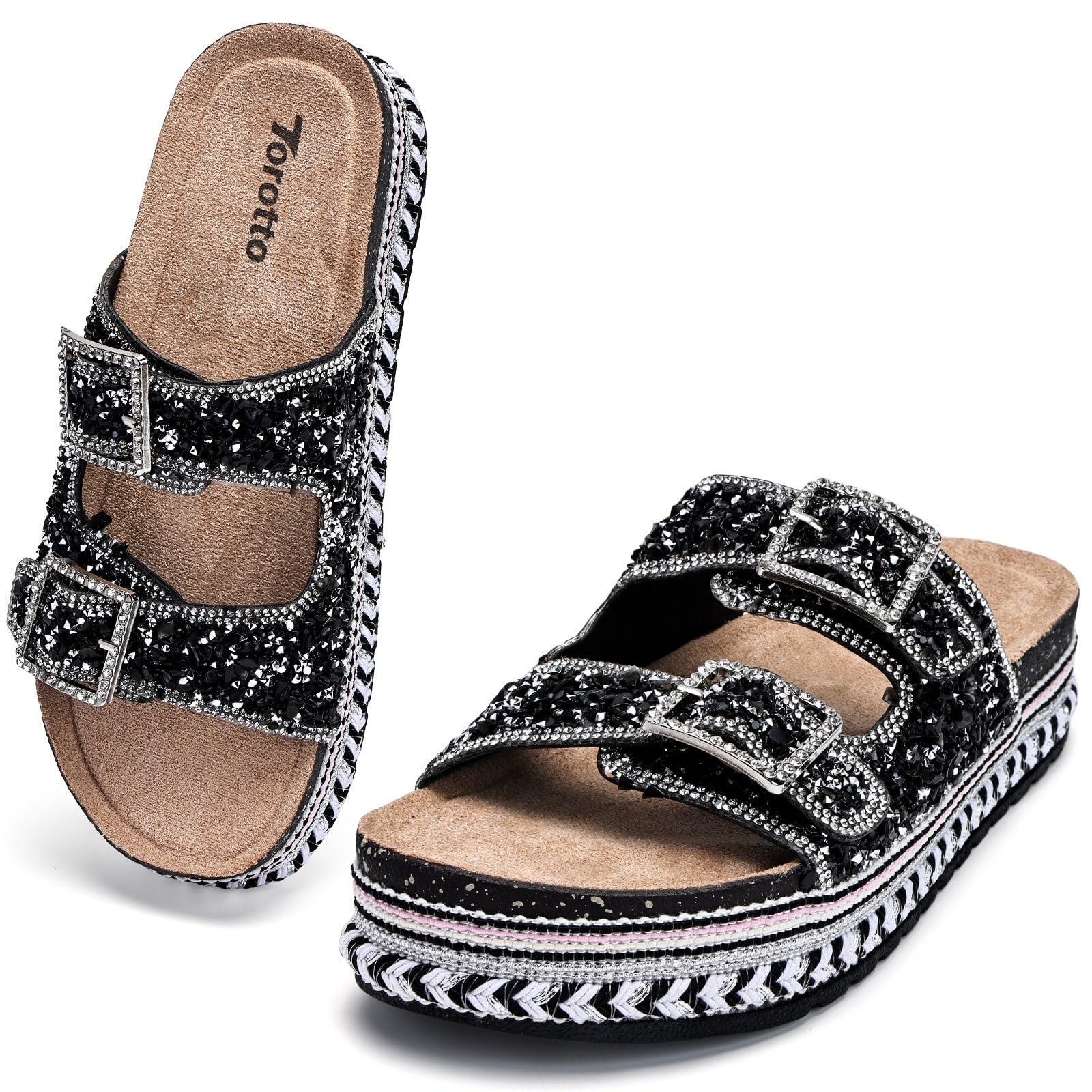 Torotto Damen Pantoletten Modische Sandalen Metallic Latschen Schlappen Hausschuhe mit verstellbaren Riemen