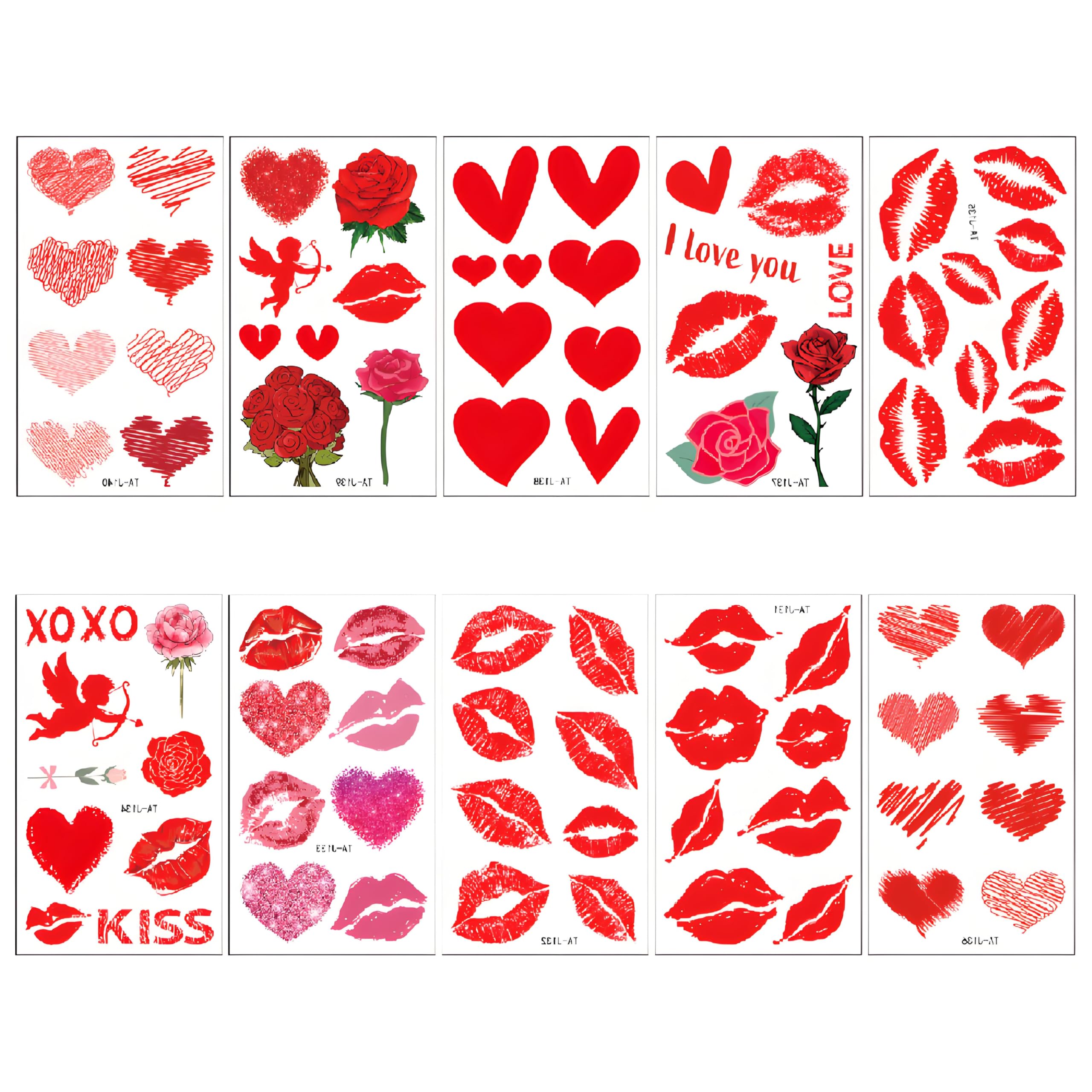10 Sheets Red Lip Tattoo Stickers Waterproof Red Lip Temporary Kiss Tattoos Long Lasting Love Heart Tattoos Cute Flowers Decorative Stickers for Face Arms Neck Face Body Art