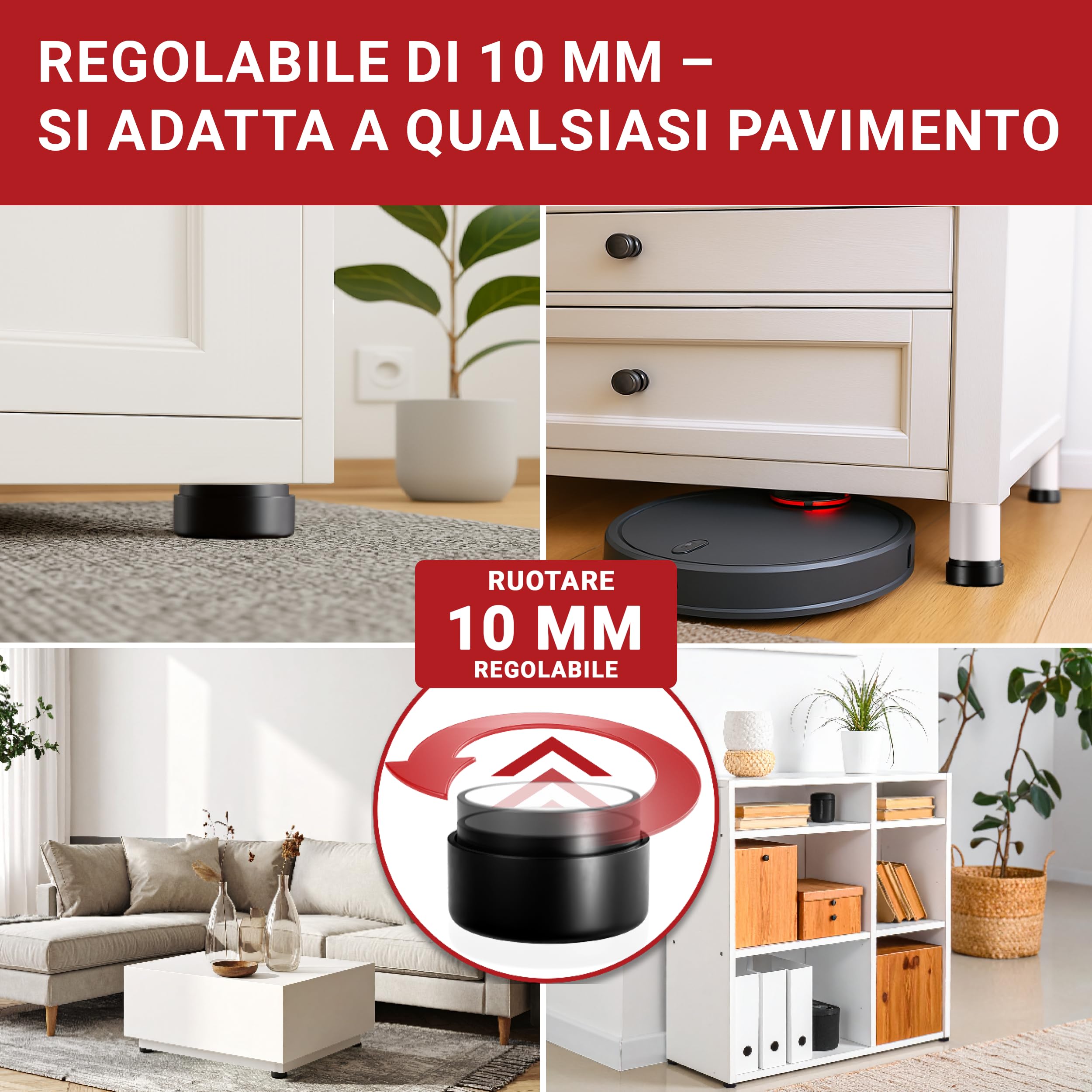 LouMaxx Piedini per Mobili Adesivi Regolabili Ø 53,5 mm – Piedini Mobili Neri Altezza Regolabile – Rialzi per Mobili con Materiale di Montaggio – Set da 4