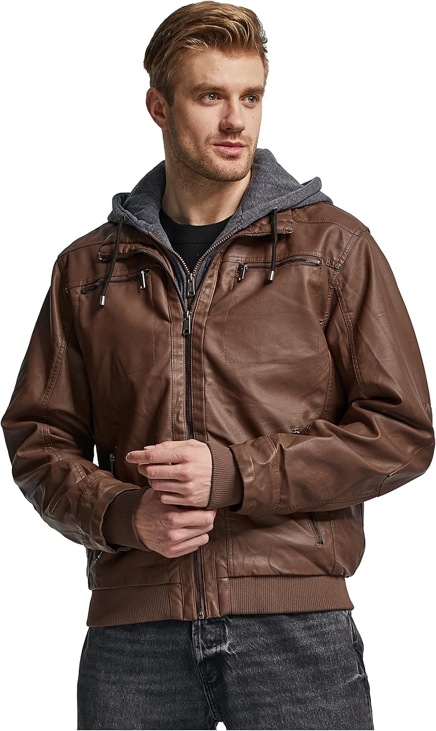 wantdo Men's Faux Leather Jacket with Removable Hood Motorcycle Jacket Casual Warm Winter Coat - Image 2