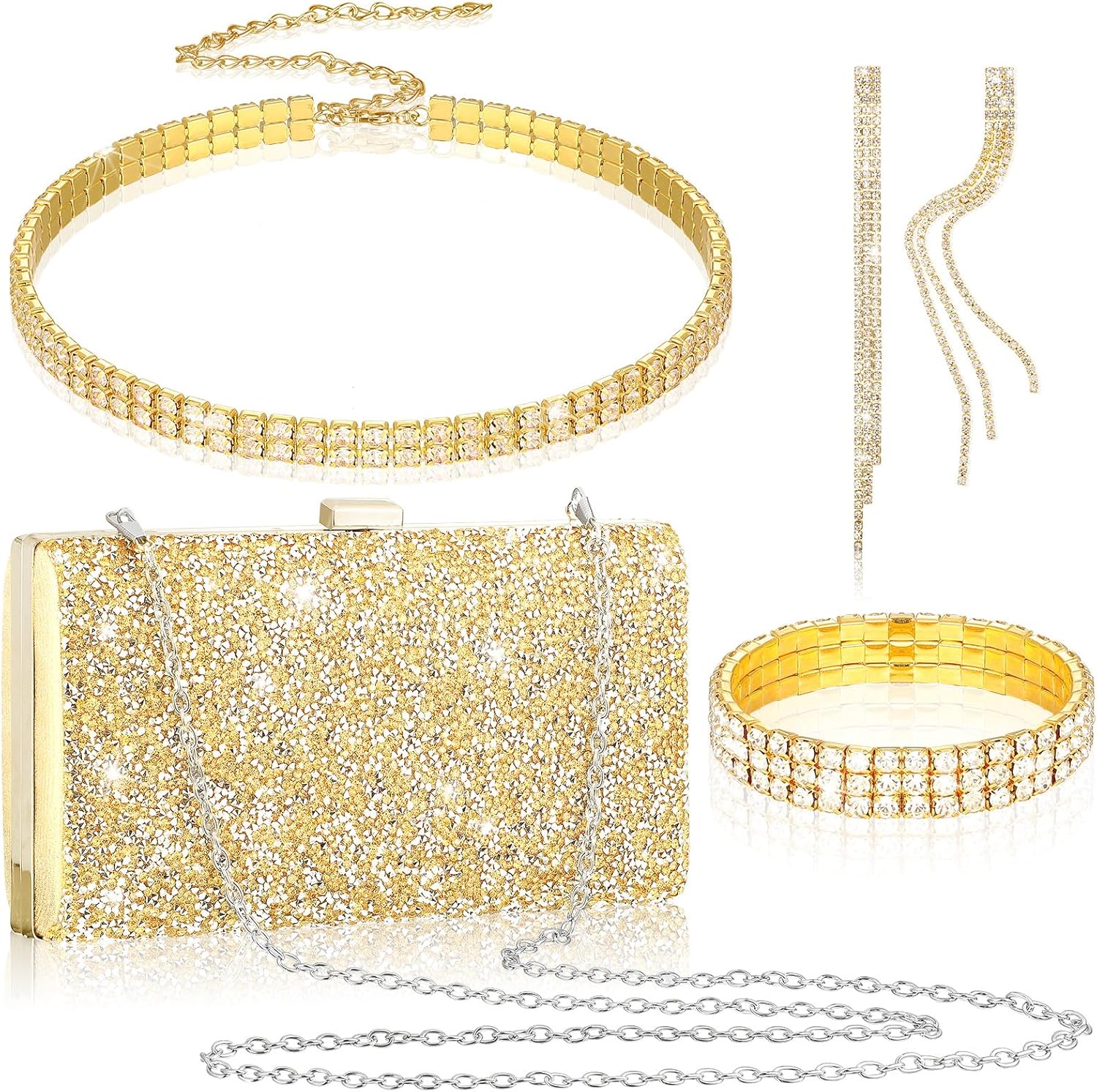 Kigeli 4 Pieces Women Rhinestone Evening Clutch Bag Bling Earring Necklace Bracelet for Wedding Graduation Prom