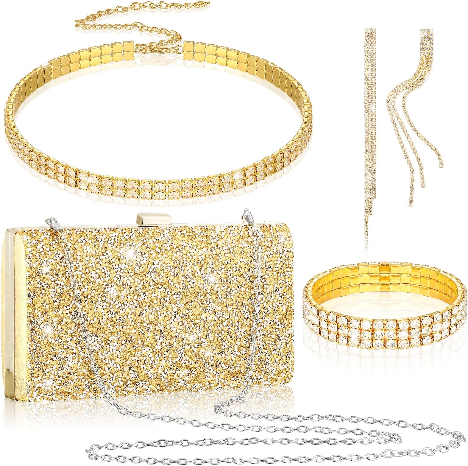 4 Pieces Women Rhinestone Evening Clutch Bag Bling Earring Necklace Bracelet for Wedding Graduation Prom