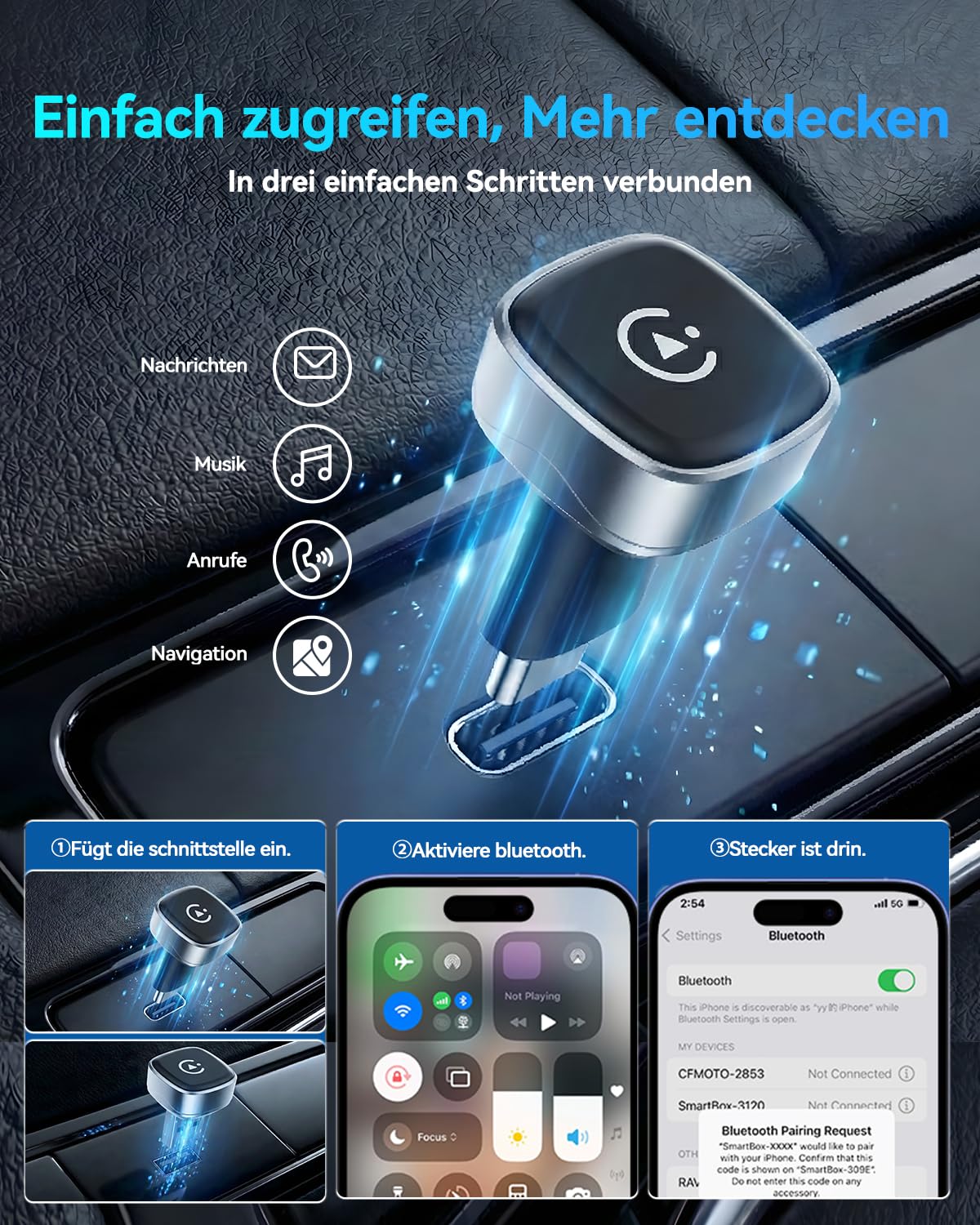 Mini Wireless CarPlay & Android Auto Adapter 2026, WLAN 6 Kabellos Car Play Adapter, Stabil & Flüssig, 3-5s Auto‑Verbindung, überhitzungsfrei, USB‑C/A, für iOS 10+ & Android 10+ (Silber)
