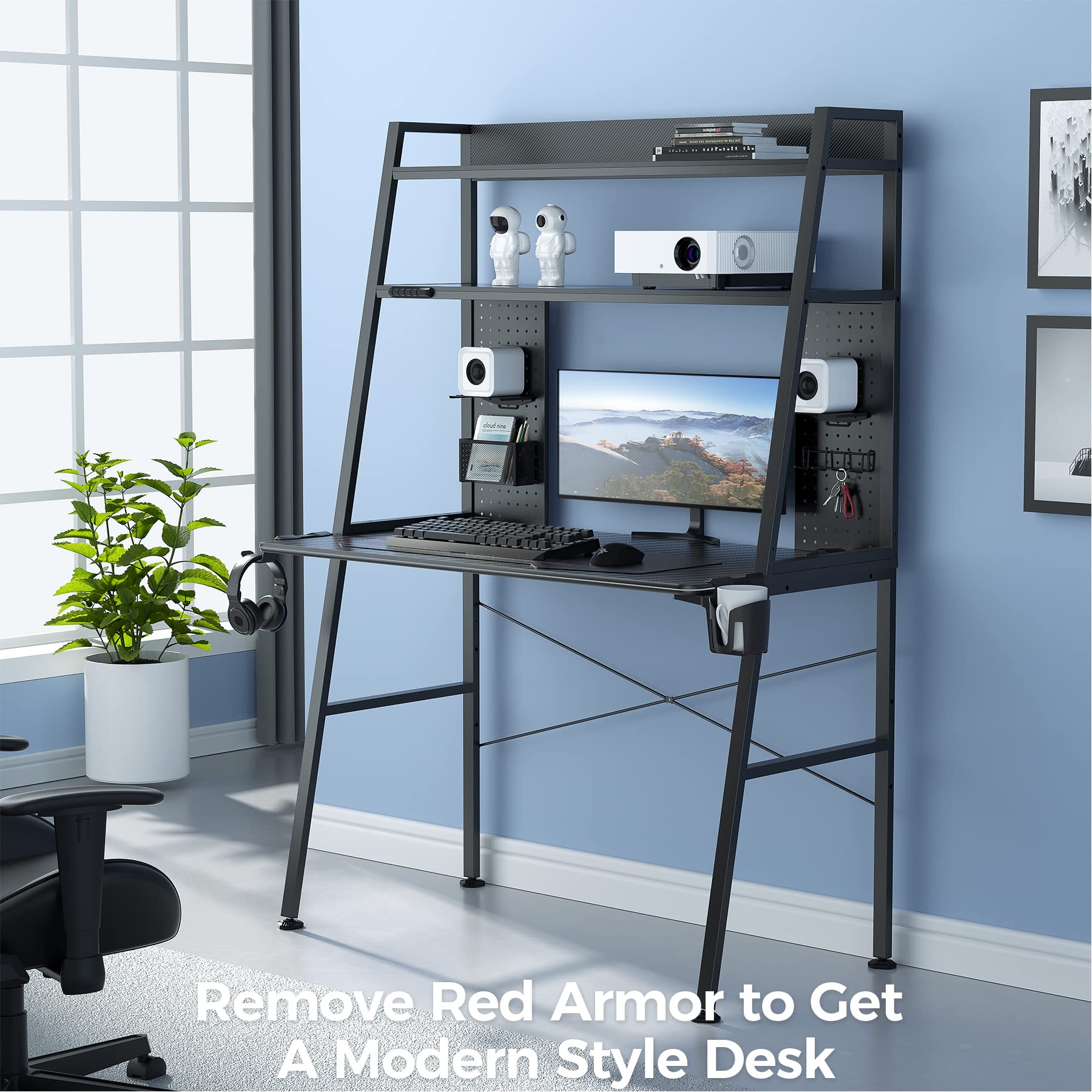 EUREKA ERGONOMIC Gaming Desk with Storage & LED Lights, 2Tier Shelves