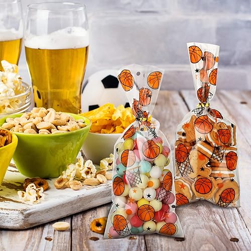 Miniatura 5 de Zonon 100 bolsas de baloncesto para fiesta de dulces, bolsas de golosinas deportivas con 150 lazos dorados para recuerdos de fiesta