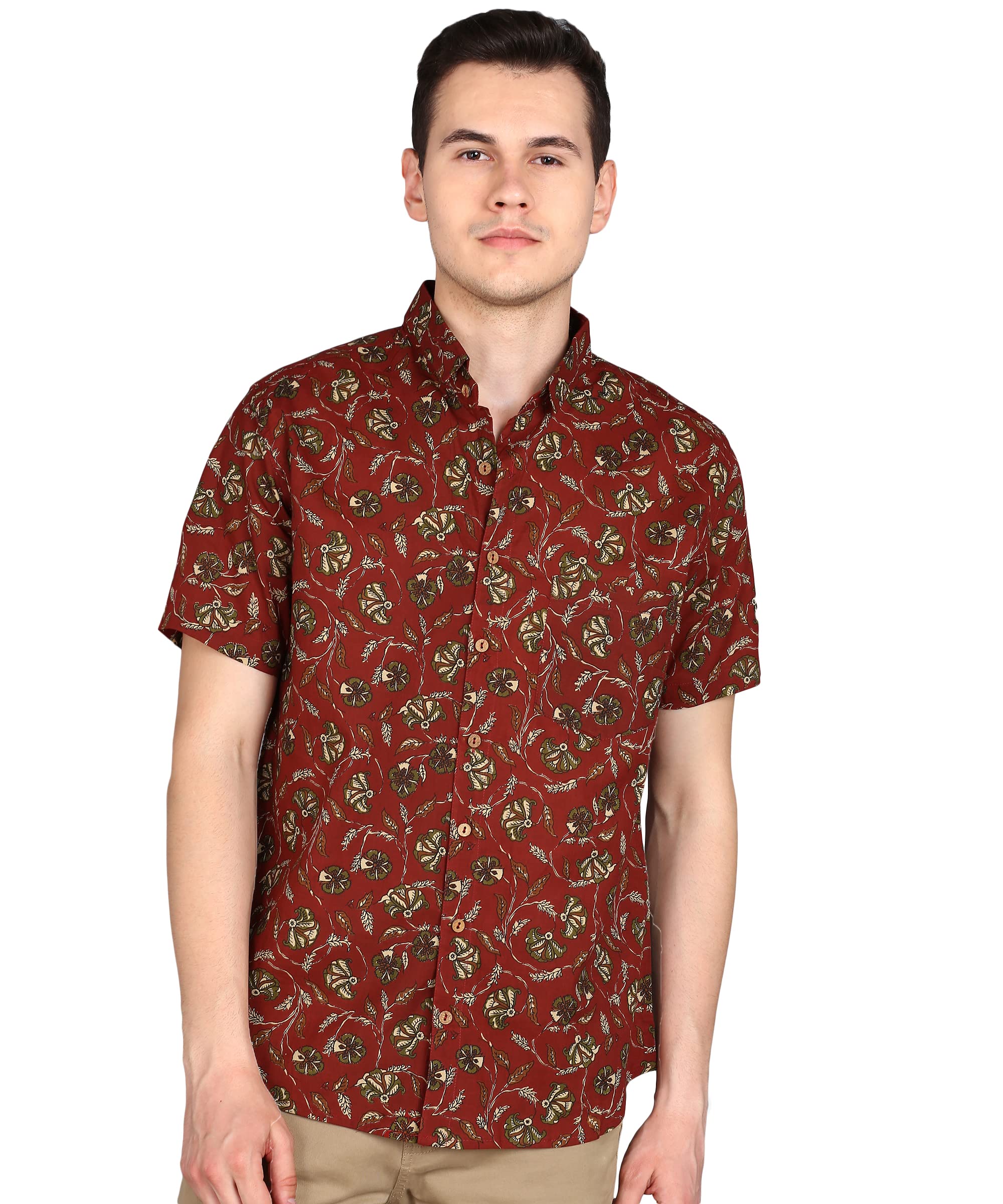 Anouk Cotton Hand Block Print Half Sleeves Summer Shirt for Men in neutral