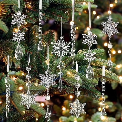 18 adornos de copo de nieve de cristal y adornos de carámbano para árbol de Navidad, adornos acrílicos colgantes de copo de nieve y carámbano para