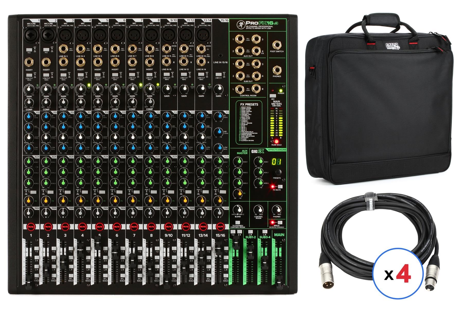 Mackie ProFX16v3 16-Channel Professional Mixer with Effects, USB Interface, GigFX Engine, Built-In Compression, 7-Band Graphic EQ, Included Carry Bag, and XLR Cables for Live Sound and Recording