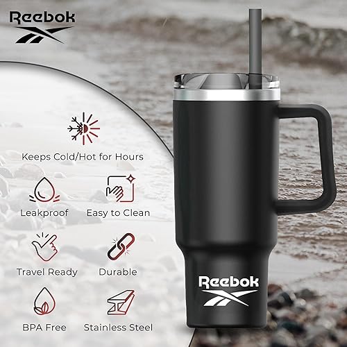 Miniatura 3 de Reebok Vaso de acero inoxidable con diseño de estilo de vida, vaso de 40 onzas con asa, vaso de doble pared aislado al vacío, vaso a prueba de fugas