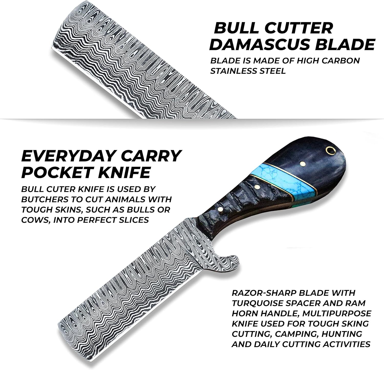 Handmade Damascus Hunting Knife, 8" Fixed Blade Knife with Sheath, Full Tang Cowboy Knife, Skinning Knife, EDC Bull Cutter Knife for Outdoor Camping
