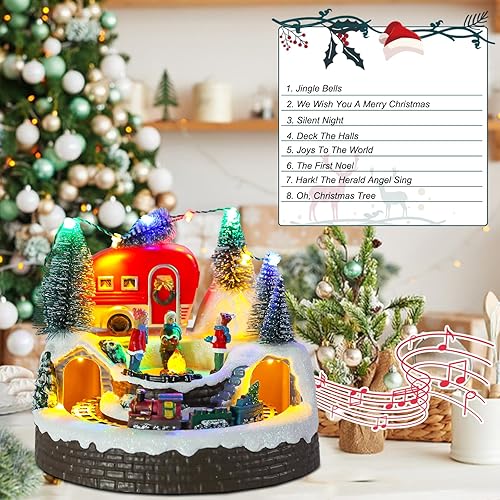 Miniatura 8 de Casa de pueblo de Navidad, edificios coleccionables musicales de Navidad, rotación de tren de hoguera con luces LED, aldea de vacaciones con USB,