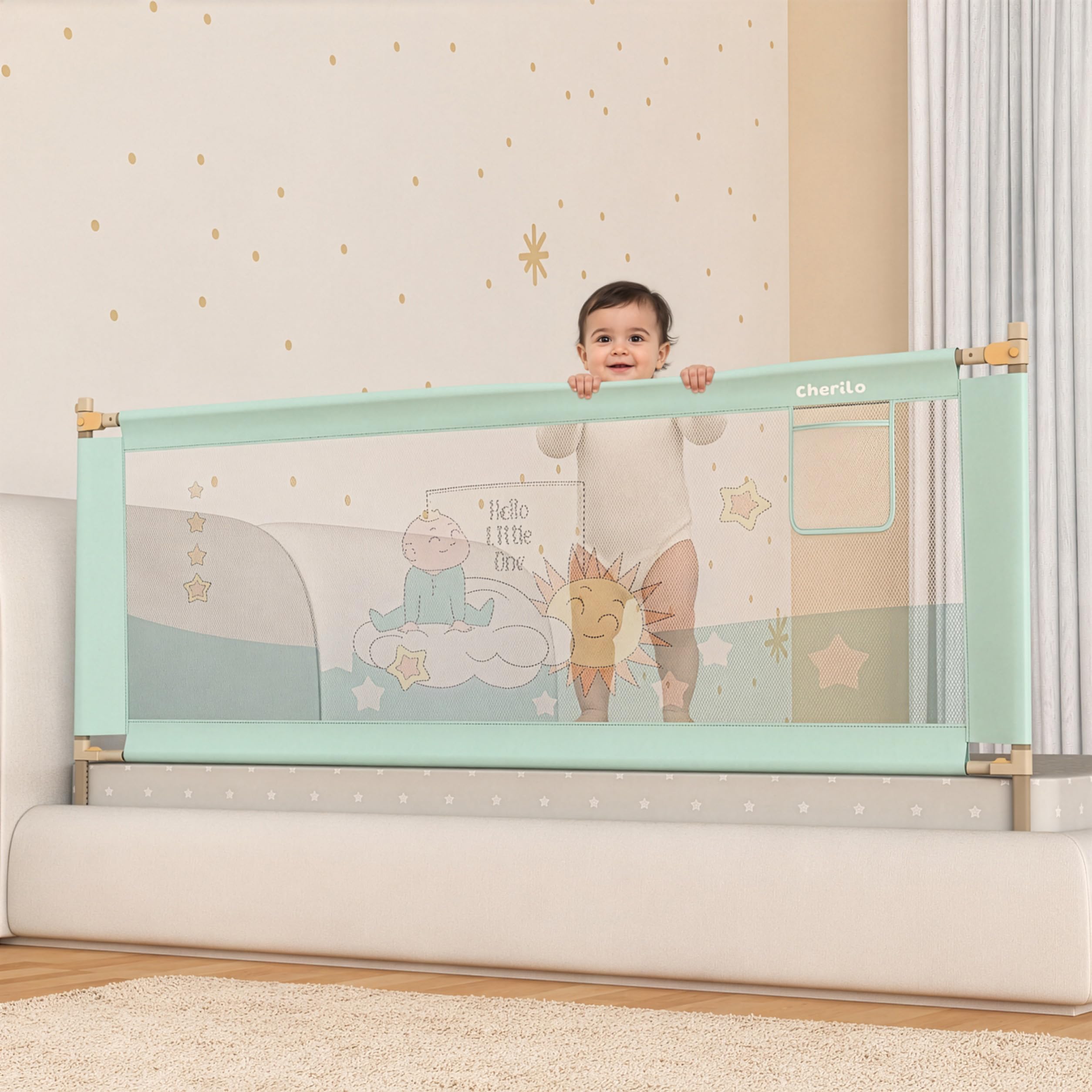 Cherilo Baby Bed Protector Side Walls | (6.5ft / 200cm), 1 Side | Foldable & Height Adjustable Bed Railing for Baby Safety | Breathable Mesh, Kids-Friendly Prints | Sea Green (Pack of 1)-image-30