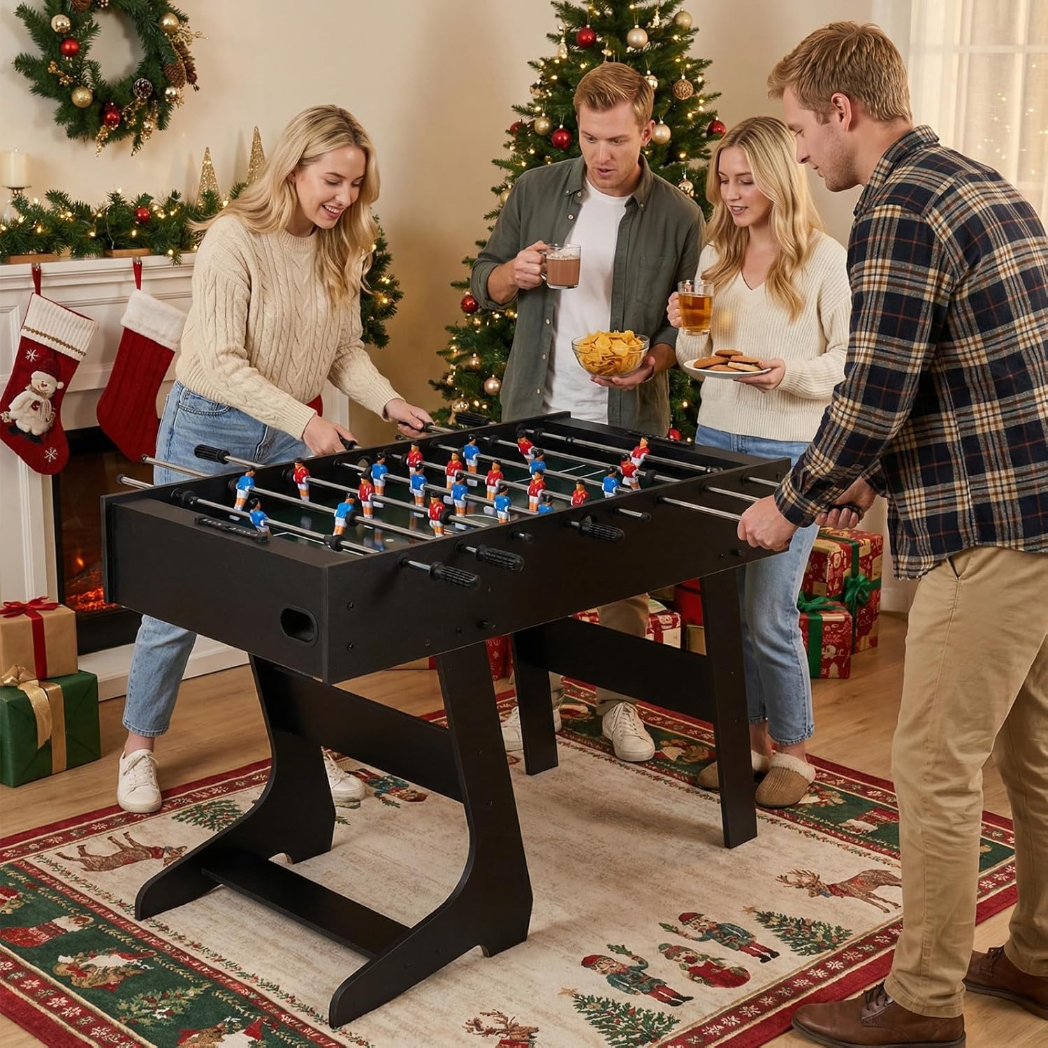 Goplus Folding Foosball Table, 48'' Full Competition Size Freestanding Soccer Game Table with 22 Players, 2 Balls, Space-Saving Foldable Arcade Table for Adults Family Game Night