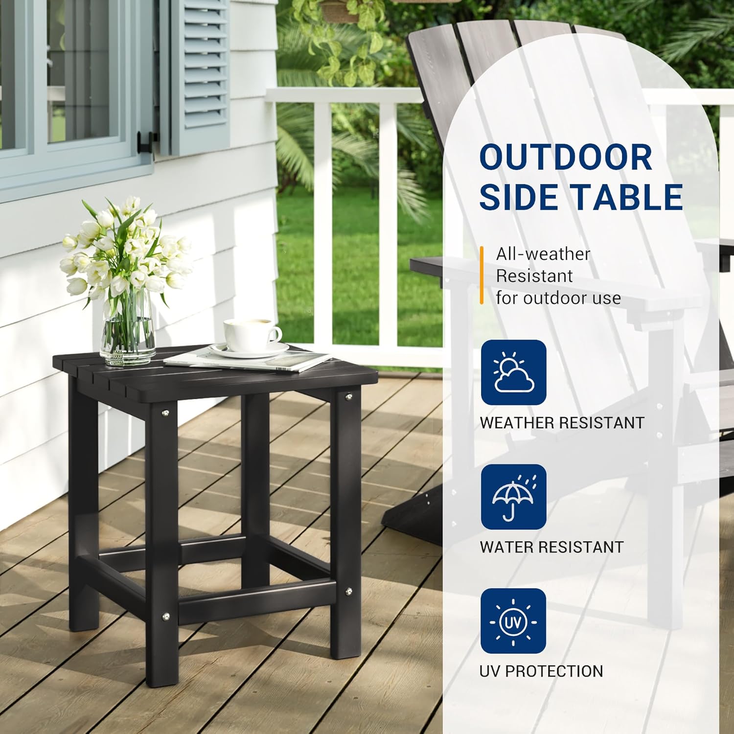 UDPATIO Small Side Table, 16x16x17.8 in, Black, Adirondack Table, Indoor & Outdoor Use
