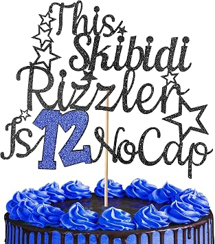 1 Pcs This Skibidi Rizzler Is 12 No Cap Cake Topper Funny Twelve Years Old Happy 12th Birthday Cake Pick Skibidi Birthdays Decorations 12th Birthdays Party Decoration Supplies, Black Glitter